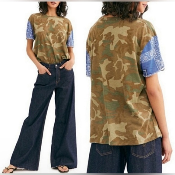 Free People We the Free Clarity Army Camo Bandana Blue T-Shirt XS - Picture 2 of 12